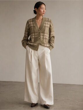 OAK + FORT Plaid Knit Cardigan Size Small Neutral Beige Taupe